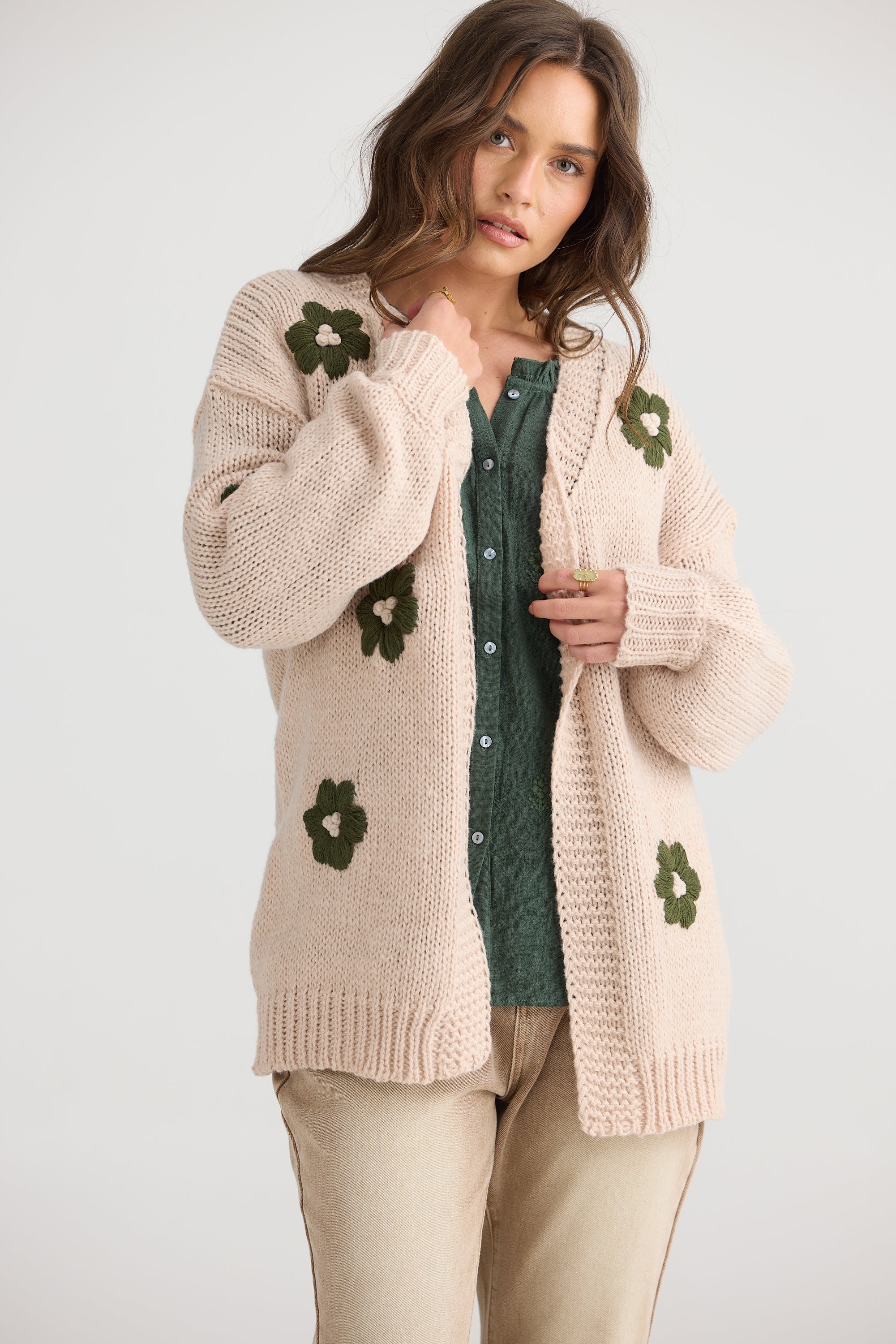 Flower Child Cardi - Natural/Green-Knitwear & Jumpers-Talisman-The Bay Room