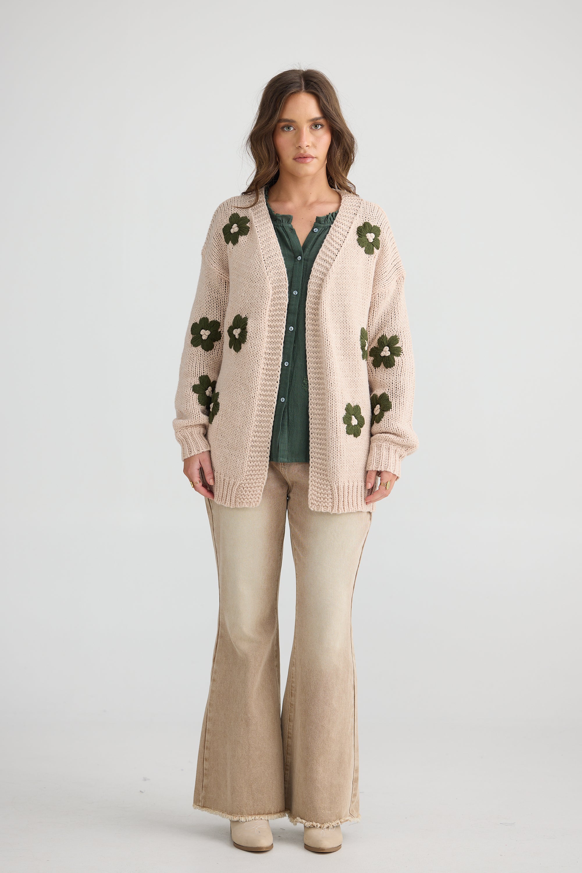 Flower Child Cardi - Natural/Green-Knitwear & Jumpers-Talisman-The Bay Room