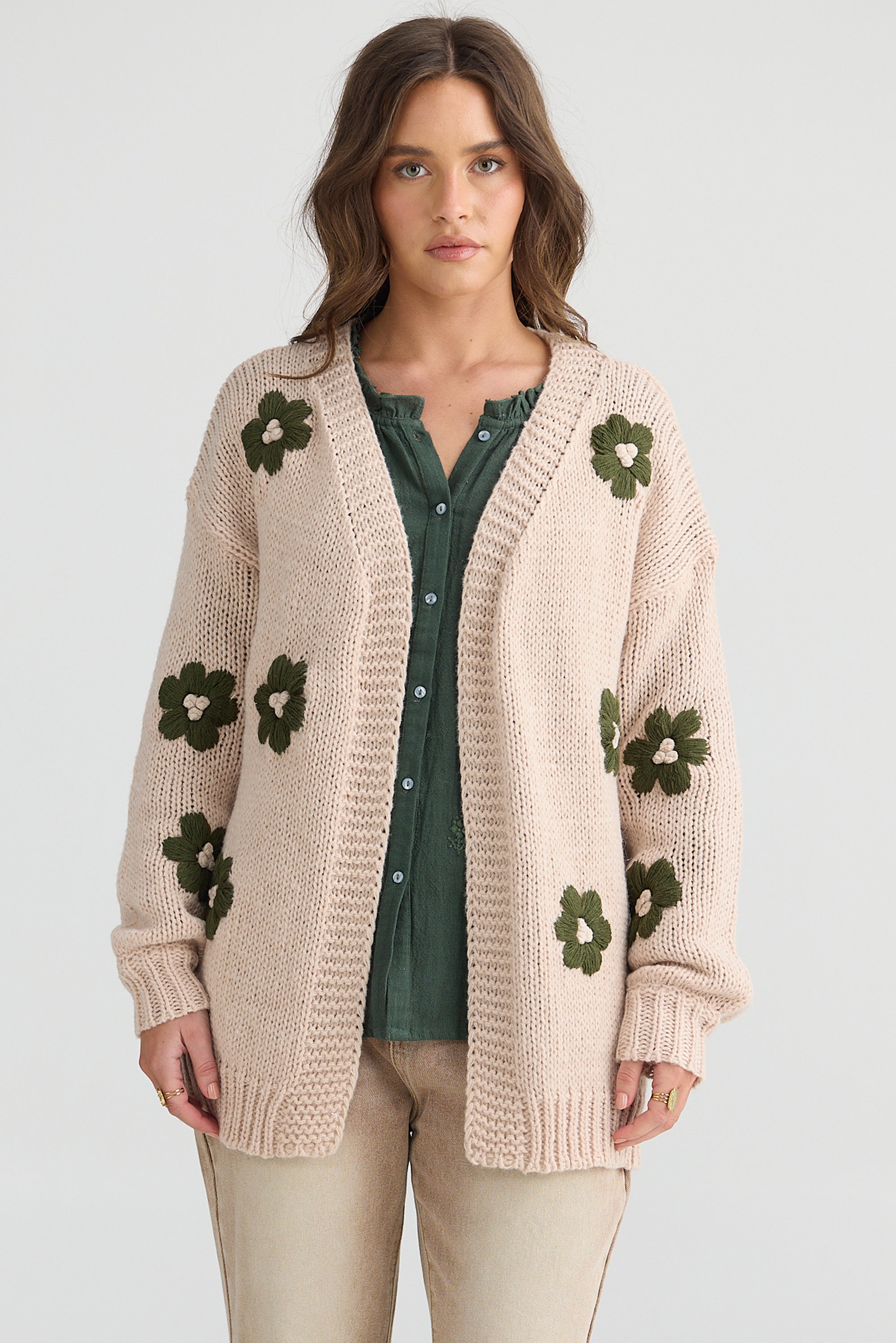 Flower Child Cardi - Natural/Green-Knitwear & Jumpers-Talisman-The Bay Room