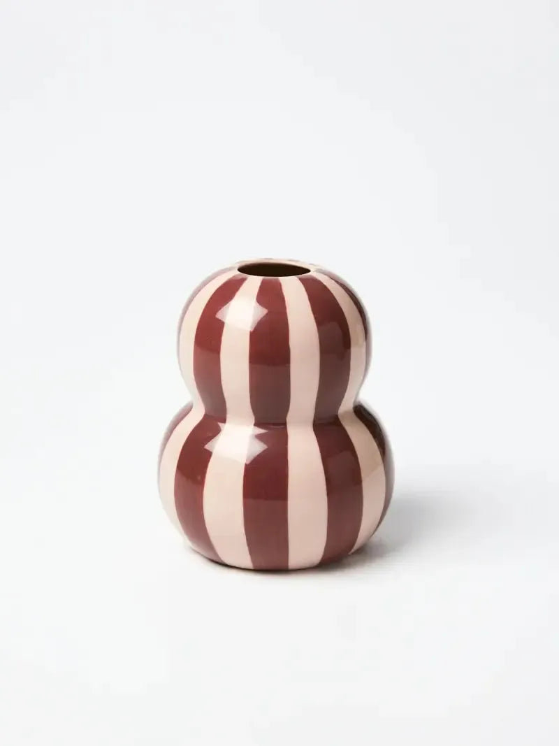 Fonda Vase Burgandy Pink Stripe-Pots, Planters & Vases-Jones & Co-The Bay Room