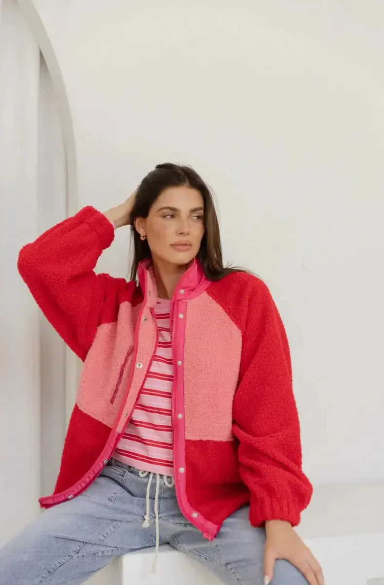 Franklin Fleecy Jacket - Pink/Red-Jackets, Coats & Vests-Betty Basics-The Bay Room