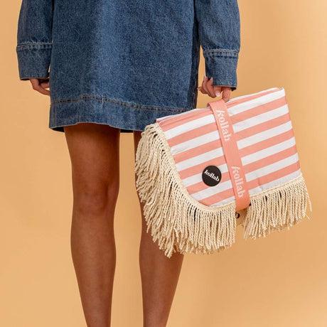 Fringed Medium Picnic Mat Coral Stripe-Travel & Outdoors-Kollab-The Bay Room