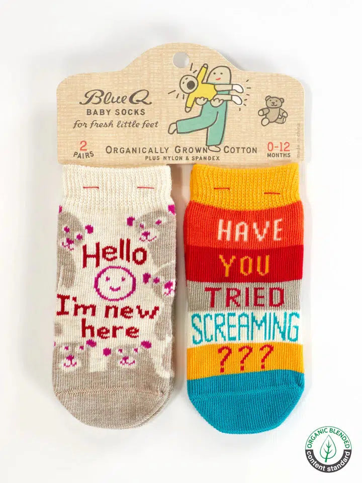 Hello I'm New Here/ Have You Ever Tried Screaming??? Baby Socks-Clothing & Accessories-Blue Q-The Bay Room