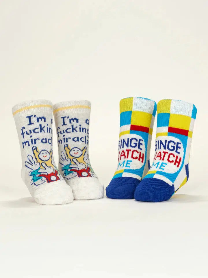 I'm A Fucking Miracle!/ Binge Watch Me Baby Socks-Clothing & Accessories-Blue Q-The Bay Room