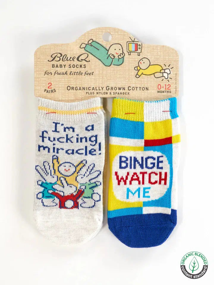 I'm A Fucking Miracle!/ Binge Watch Me Baby Socks-Clothing & Accessories-Blue Q-The Bay Room