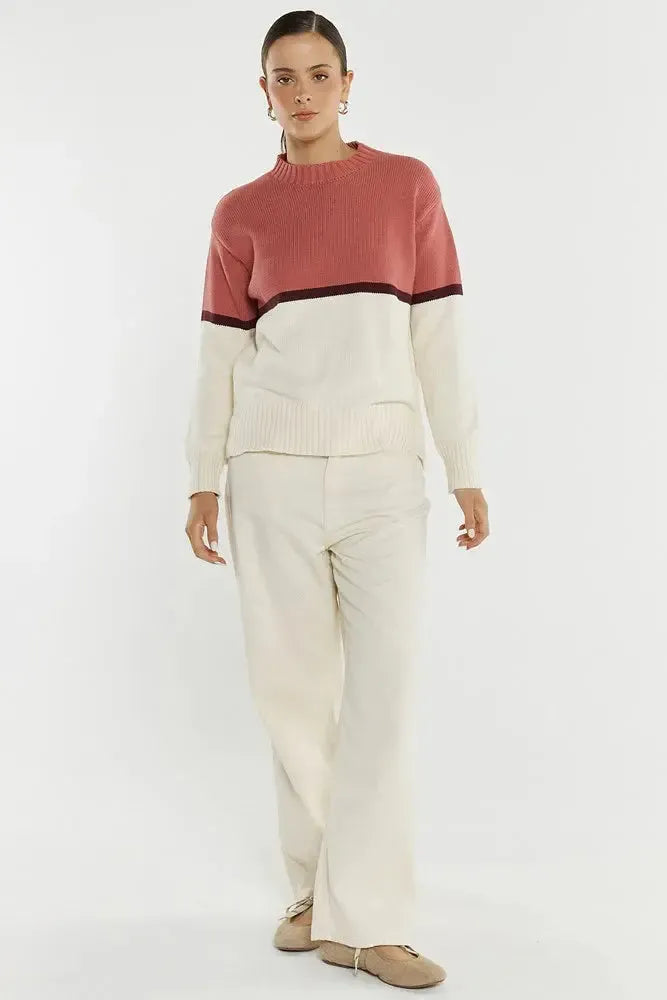 Ivy Cotton Knit - Cream/Burg/Rose-Knitwear & Jumpers-SASS-The Bay Room
