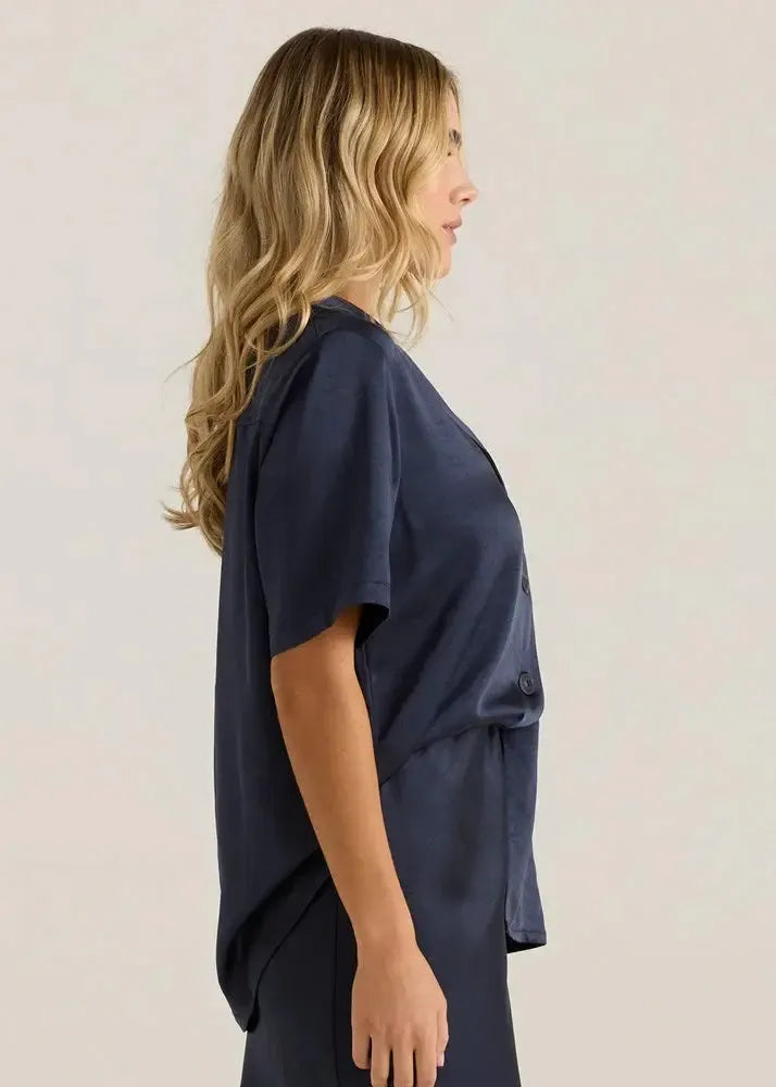 Jasper Satin Shirt - Navy-Tops-SASS-The Bay Room