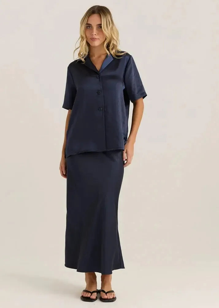 Jasper Satin Shirt - Navy-Tops-SASS-The Bay Room