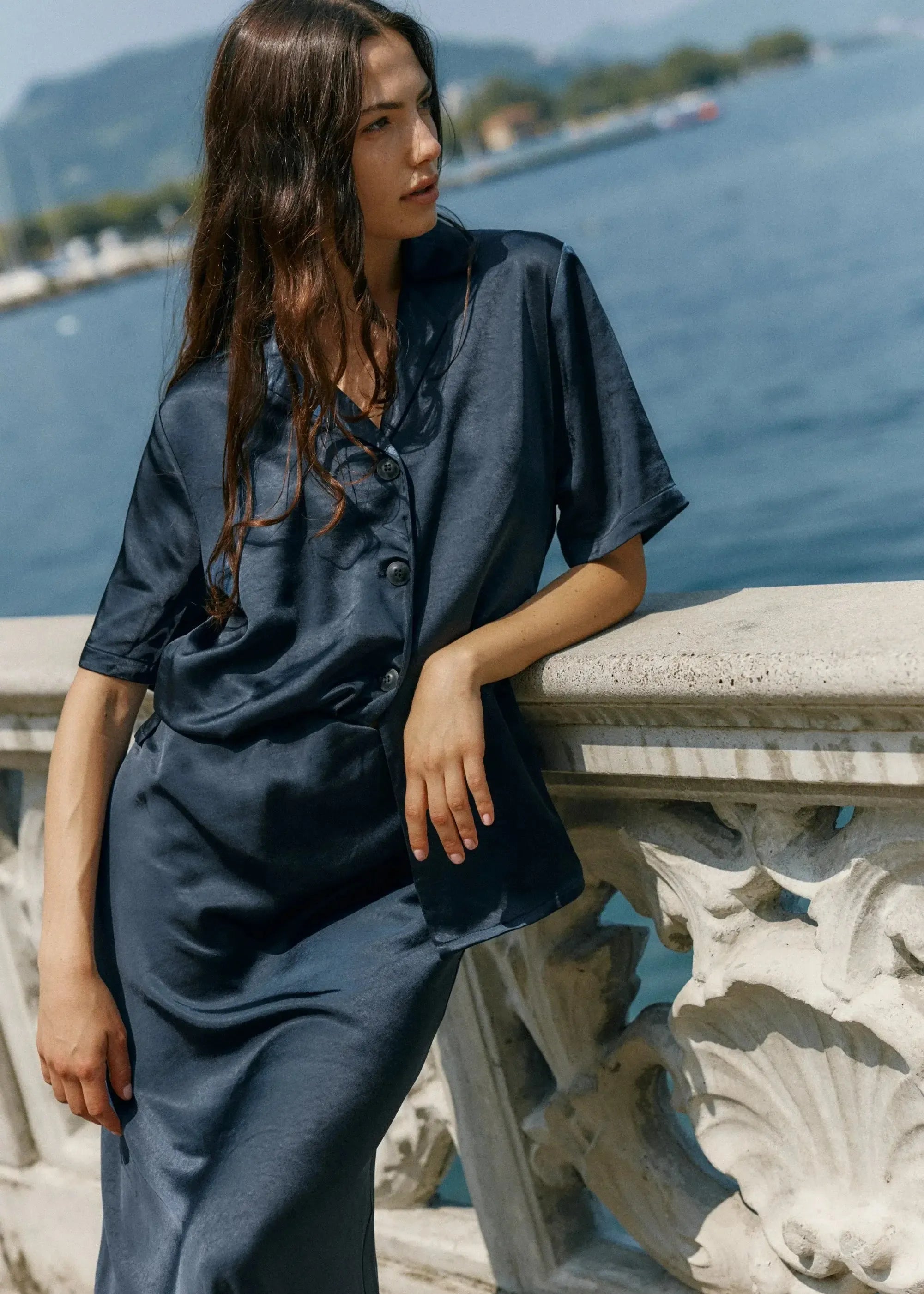 Jasper Satin Shirt - Navy-Tops-SASS-The Bay Room