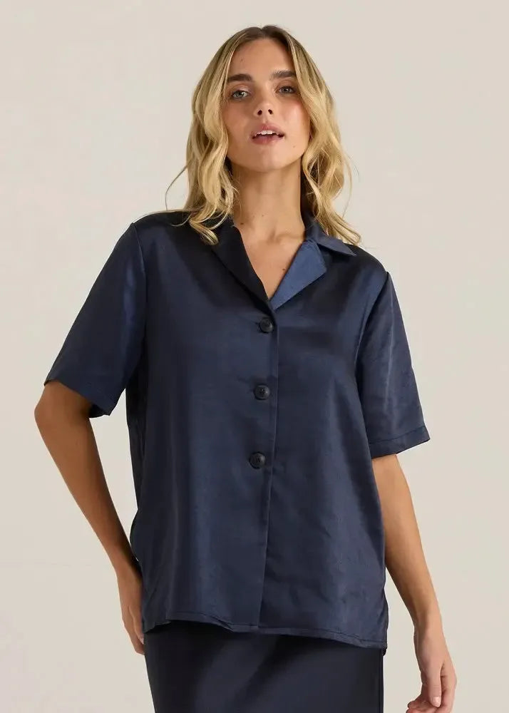 Jasper Satin Shirt - Navy-Tops-SASS-The Bay Room