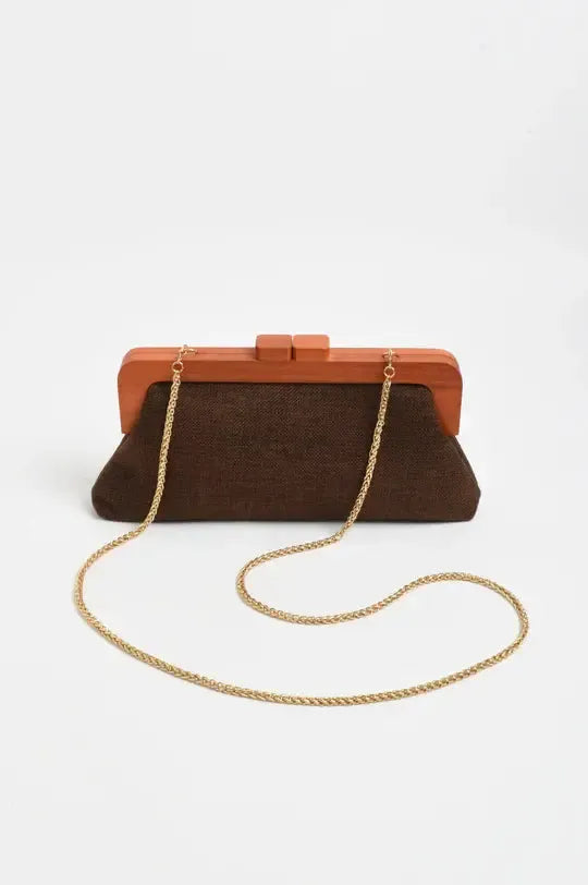 Jessie Textured Weave Timber Frame Clutch - Chocolate-Bags & Clutches-Adorne-The Bay Room