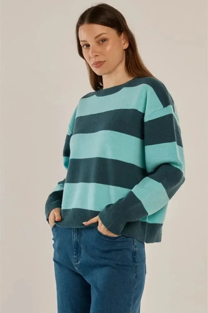 Leonie Knit Sweater - Teal Green/Blue Stripe-Knitwear & Jumpers-Betty Basics-The Bay Room