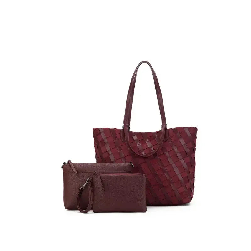 Lexington Burgundy 3 Piece Woven Handbag Tote-Bags & Clutches-Black Caviar Designs-The Bay Room