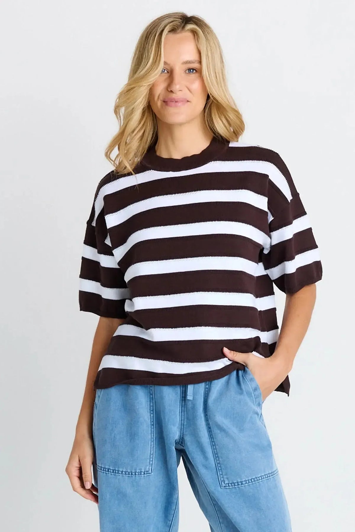 Libby Boxy Top - Chocolate Stripe-Tops-Betty Basics-The Bay Room