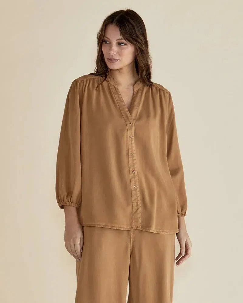 London Lyocell Blouse - Tan-Tops-Betty Basics-The Bay Room