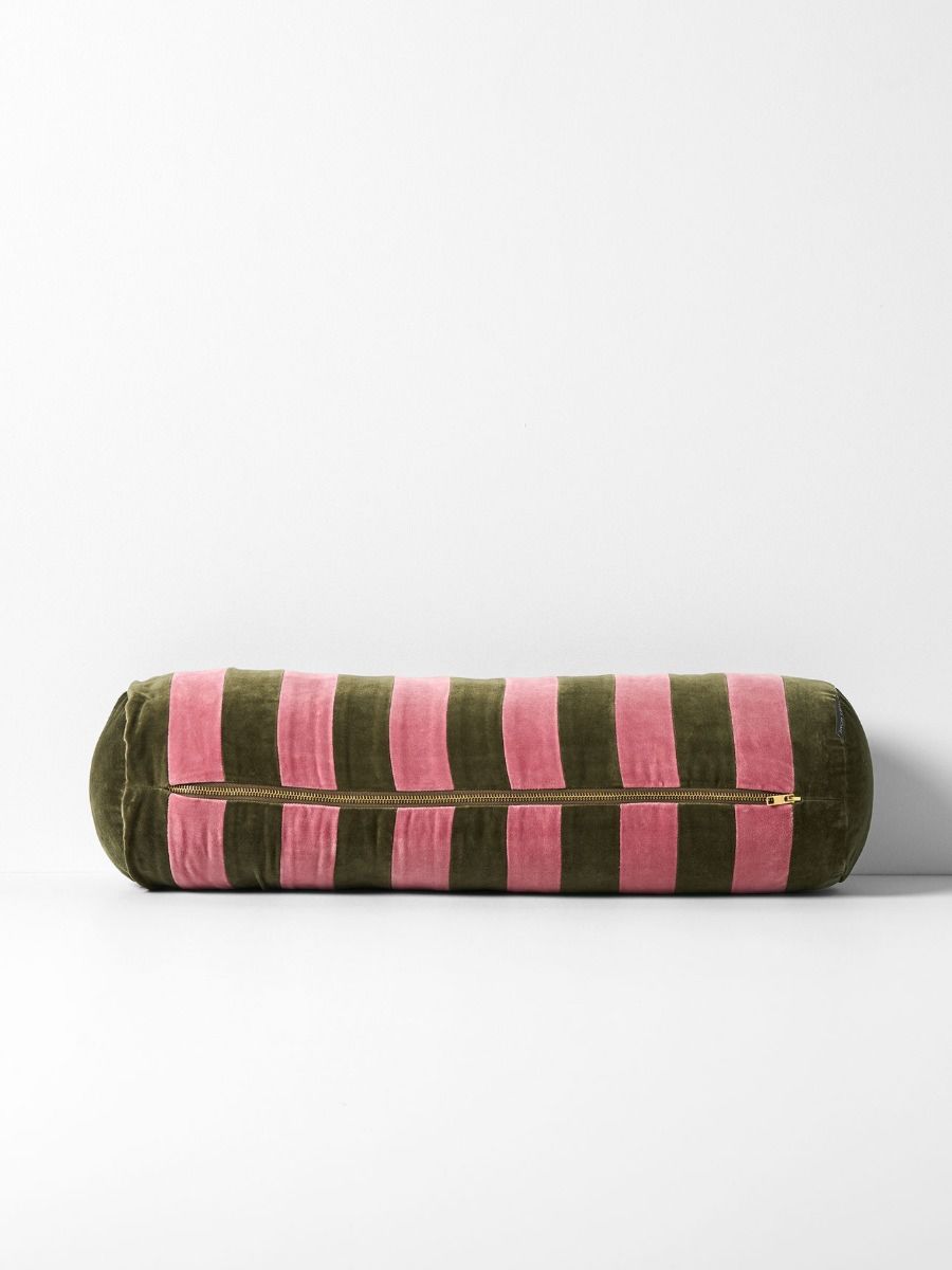 Luxury Velvet Striped Bolster in Orchid/Caper 18x60cm-Soft Furnishings-Aura Home-The Bay Room