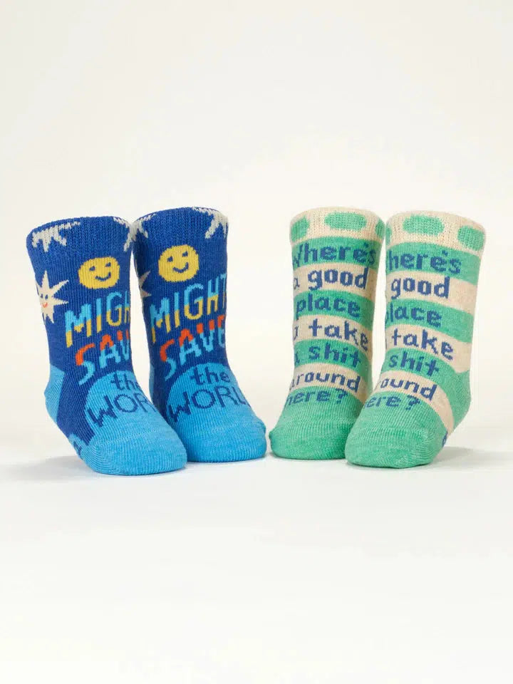 Might Save The World/ Where's A Good Place To Take A Shit Around Here? Baby Socks-Clothing & Accessories-Blue Q-The Bay Room