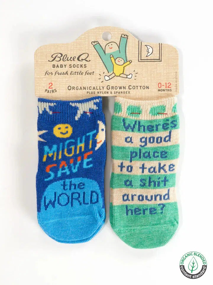 Might Save The World/ Where's A Good Place To Take A Shit Around Here? Baby Socks-Clothing & Accessories-Blue Q-The Bay Room