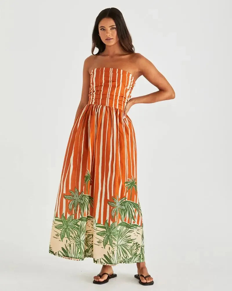 Mina Strapless Dress - Palm Stripe-Dresses-SASS-The Bay Room