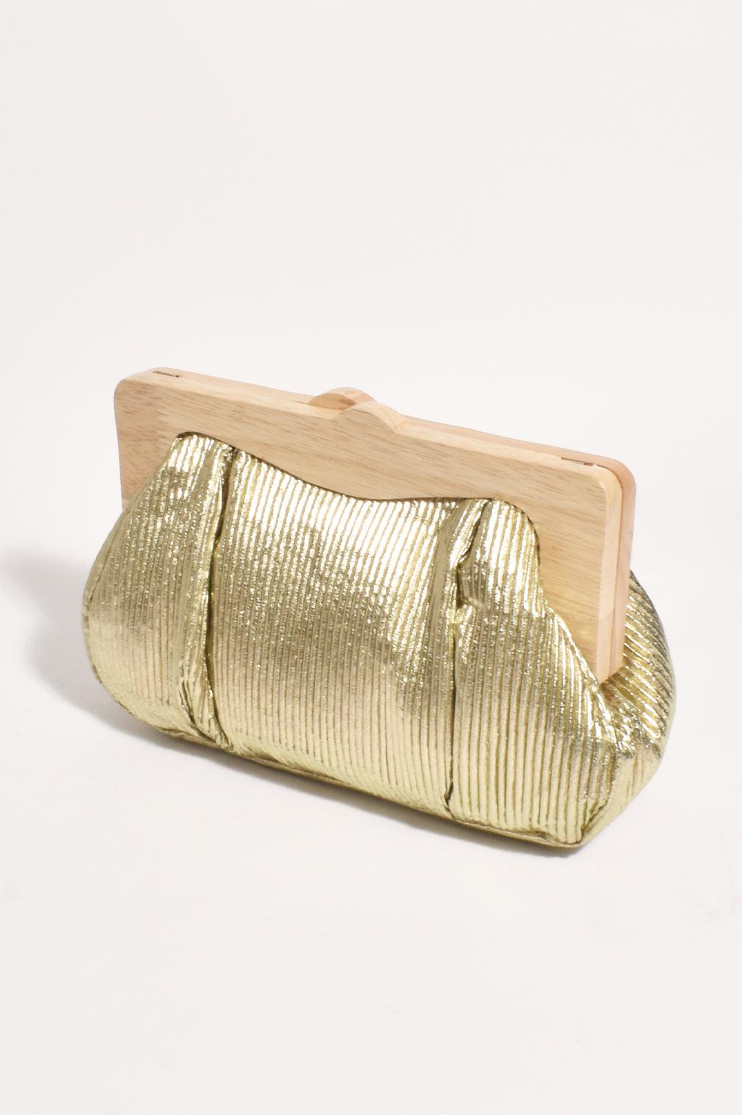 Mira Metallic Pleated Timber Frame Clutch - Gold-Bags & Clutches-Adorne-The Bay Room