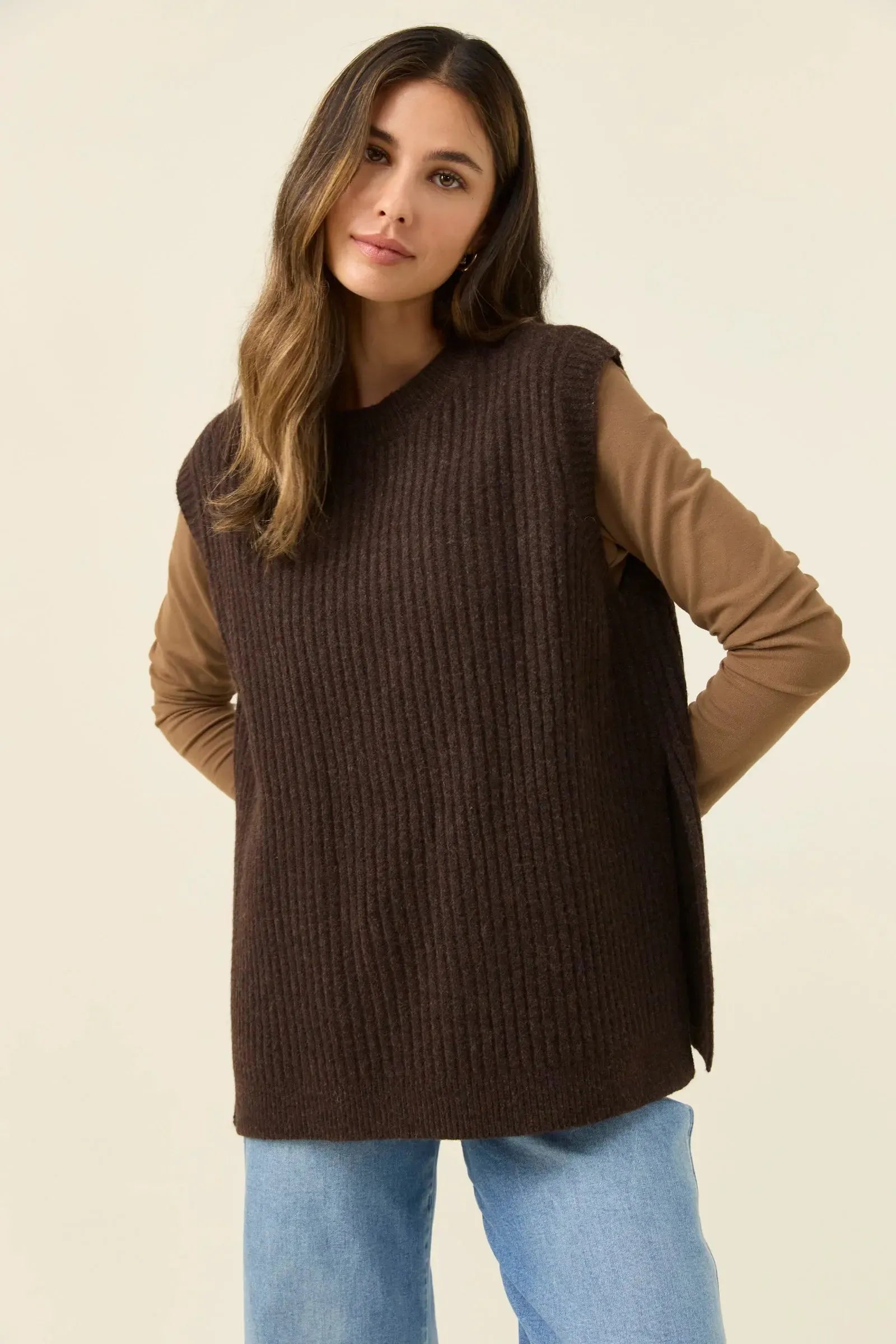 Miru Crew Knit Vest - Chocolate-Isle Of Mine-The Bay Room