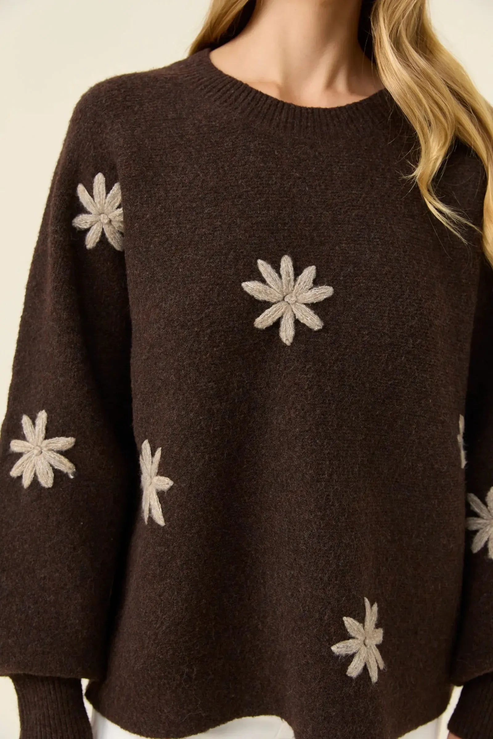 Miru Stitch Flower Jumper - Chocolate-Isle Of Mine-The Bay Room