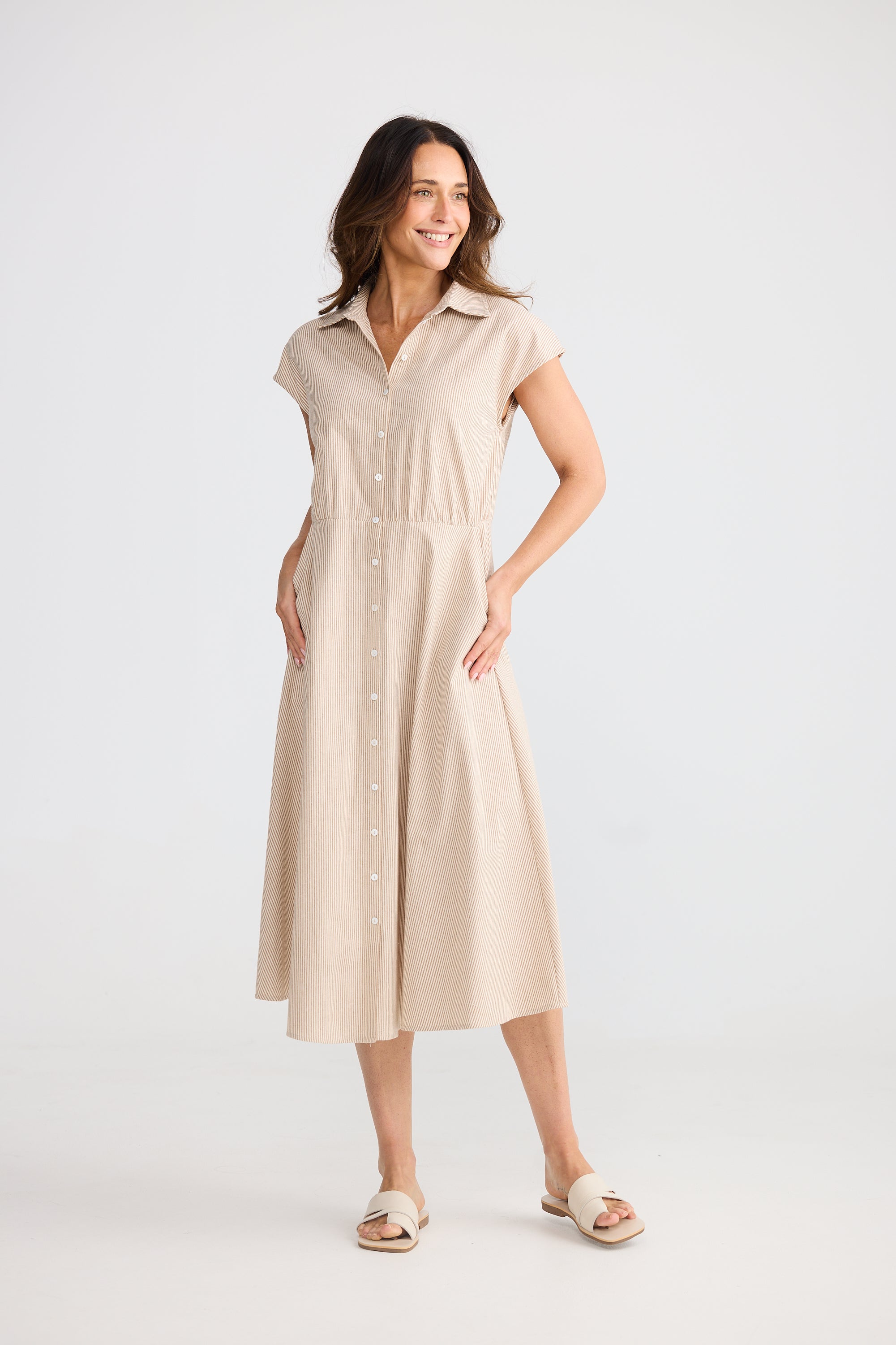 Musings Dress - Latte Pinstripe-Dresses-Brave & True-The Bay Room