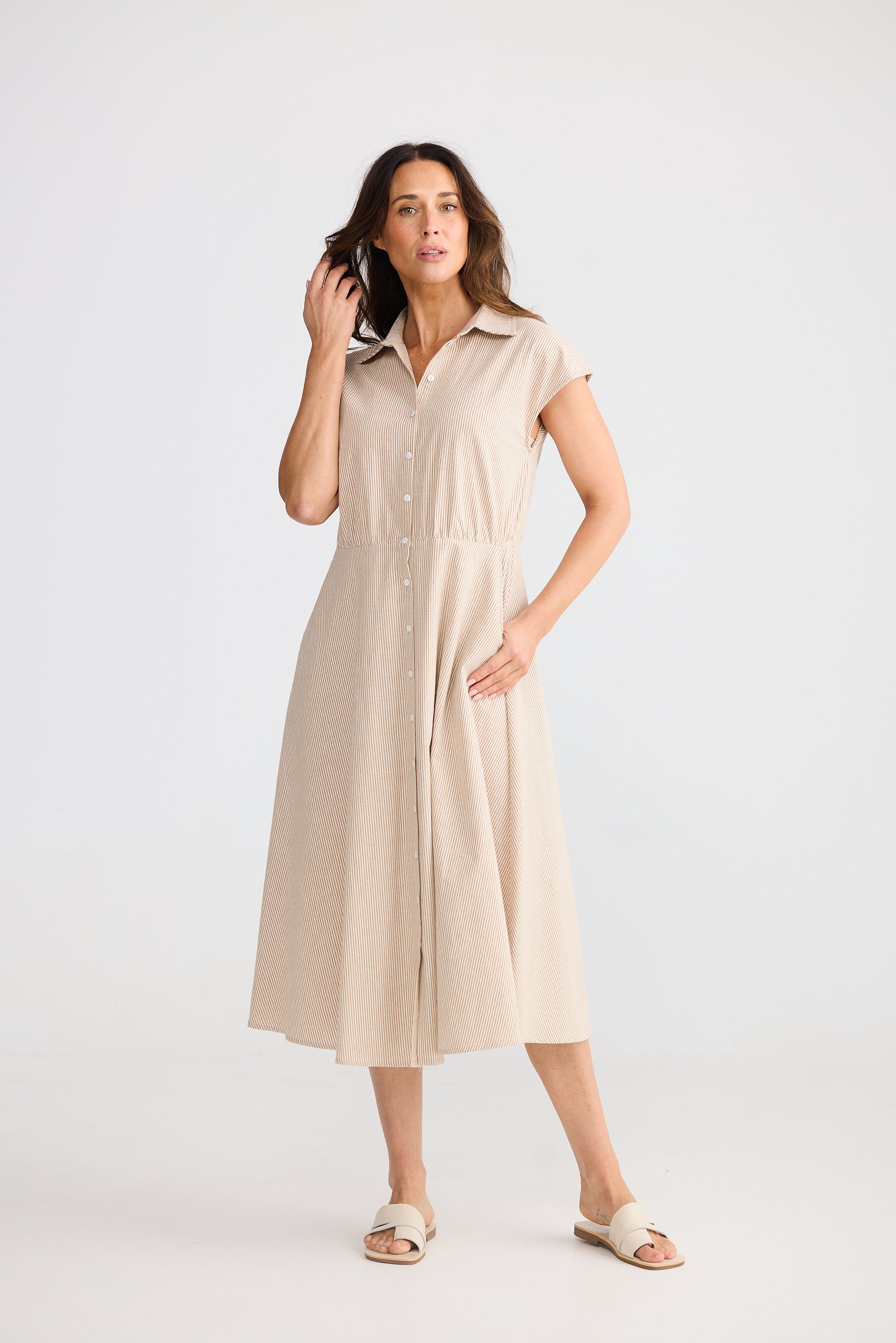 Musings Dress - Latte Pinstripe-Dresses-Brave & True-The Bay Room