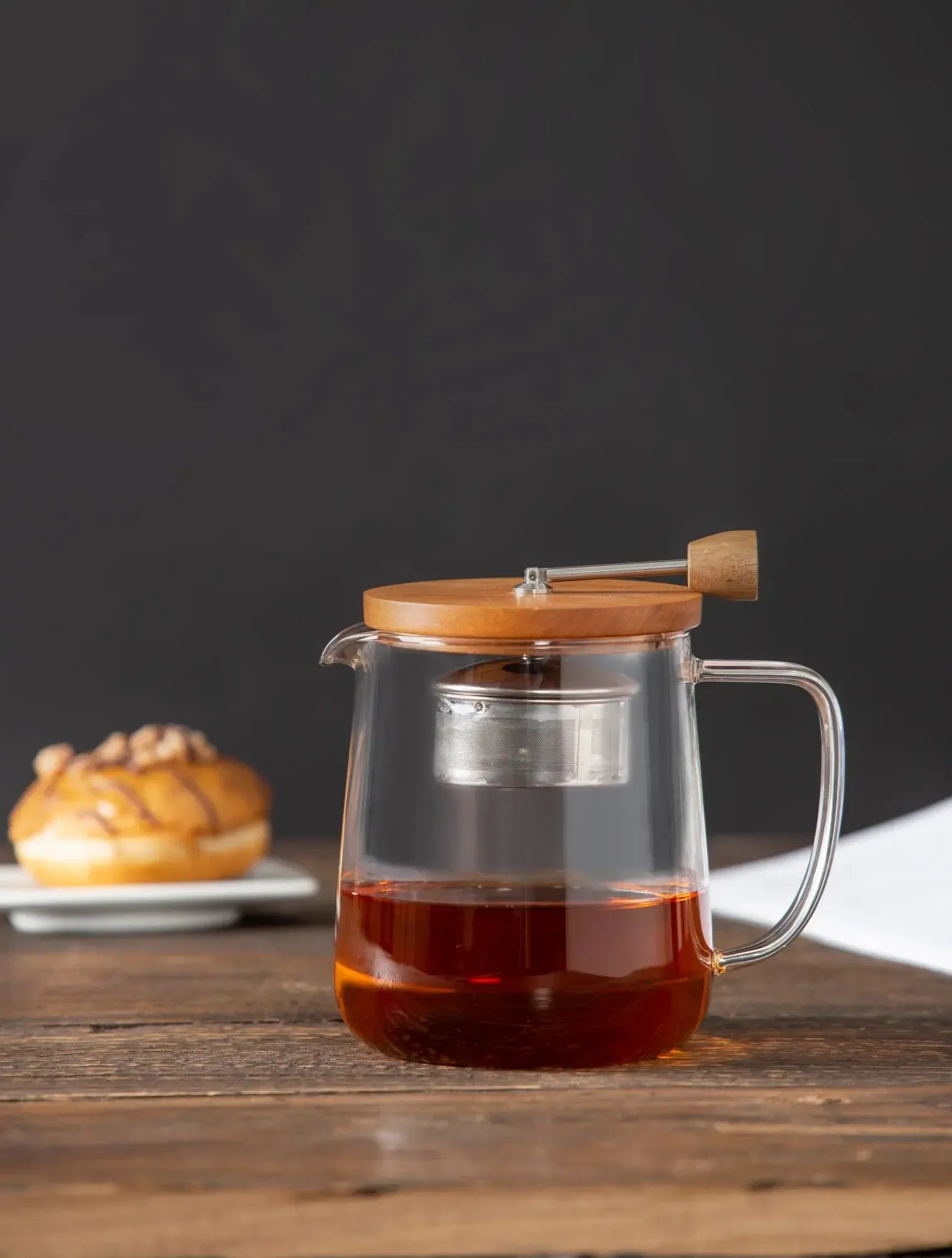 Naples Tea Pot with Acacia Lid & Infuser Clear & Natural 17x12x18cm/1.2L-Leaf & Bean-The Bay Room