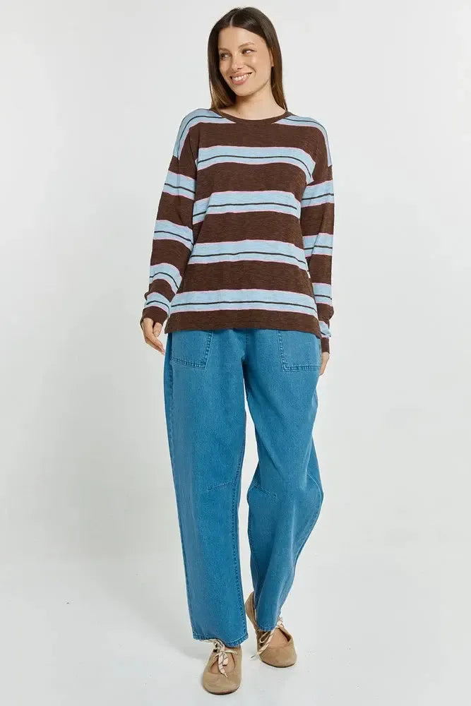 Natasha Knit Top - Chocolate/Blue/Pink Stripe-Knitwear & Jumpers-Betty Basics-The Bay Room