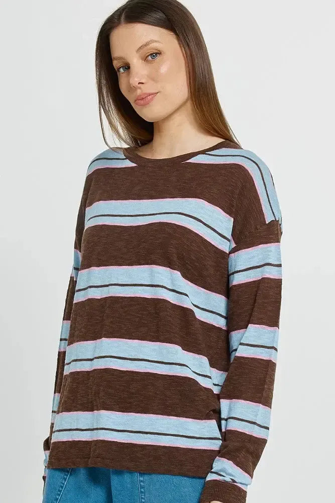 Natasha Knit Top - Chocolate/Blue/Pink Stripe-Knitwear & Jumpers-Betty Basics-The Bay Room