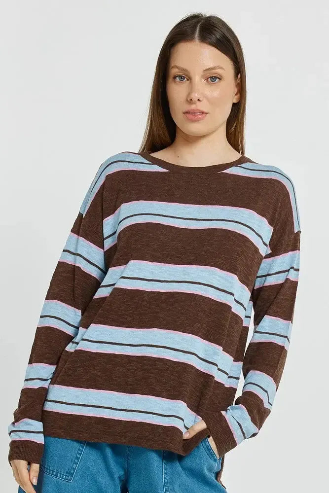 Natasha Knit Top - Chocolate/Blue/Pink Stripe-Knitwear & Jumpers-Betty Basics-The Bay Room