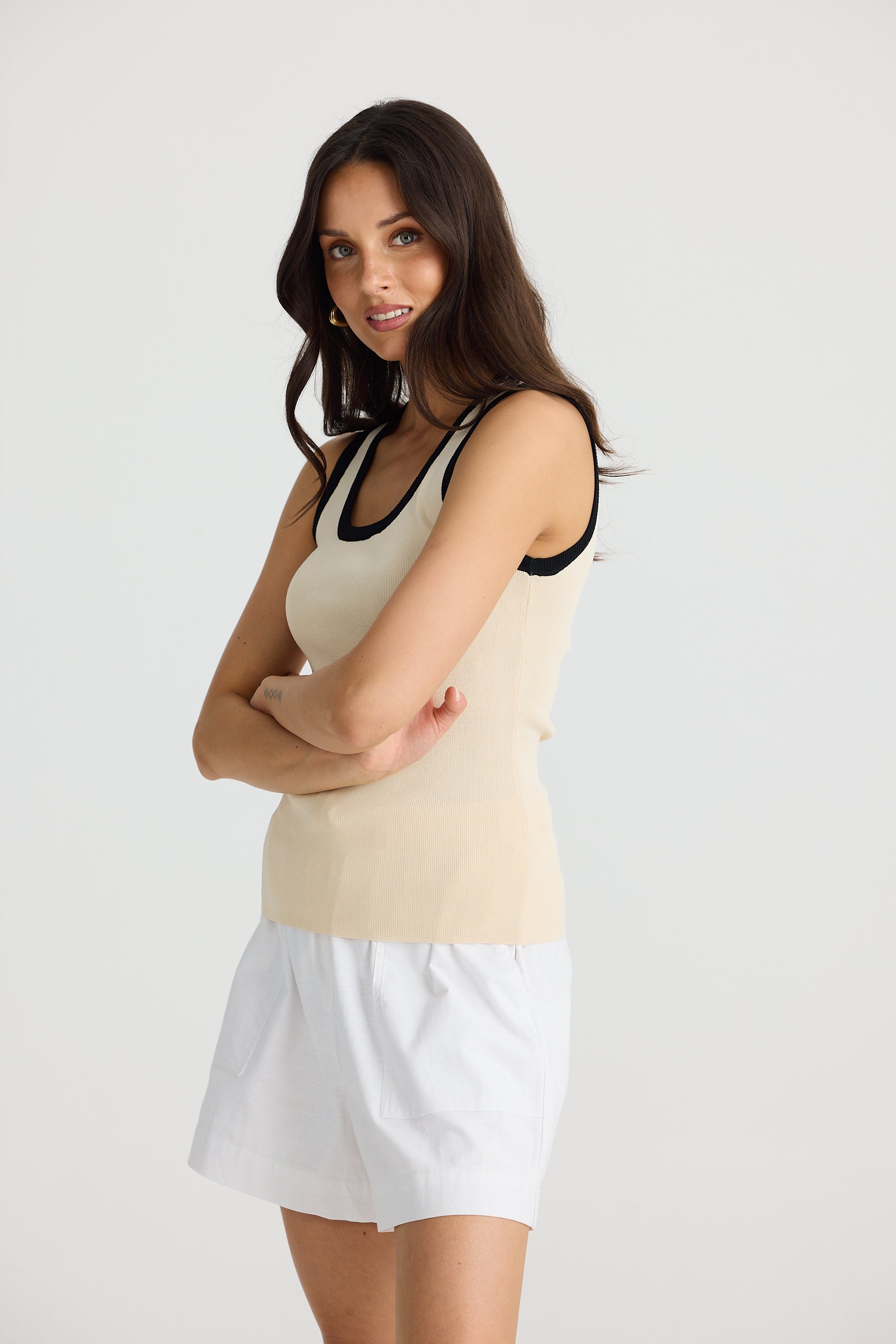 Ollie Contrast Tank - Sand with Black-Tops-Brave & True-The Bay Room