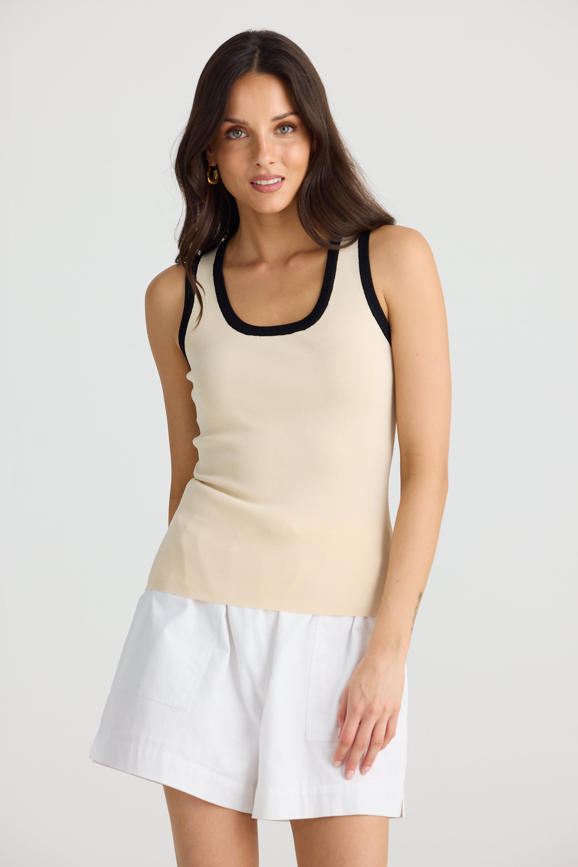 Ollie Contrast Tank - Sand with Black-Tops-Brave & True-The Bay Room