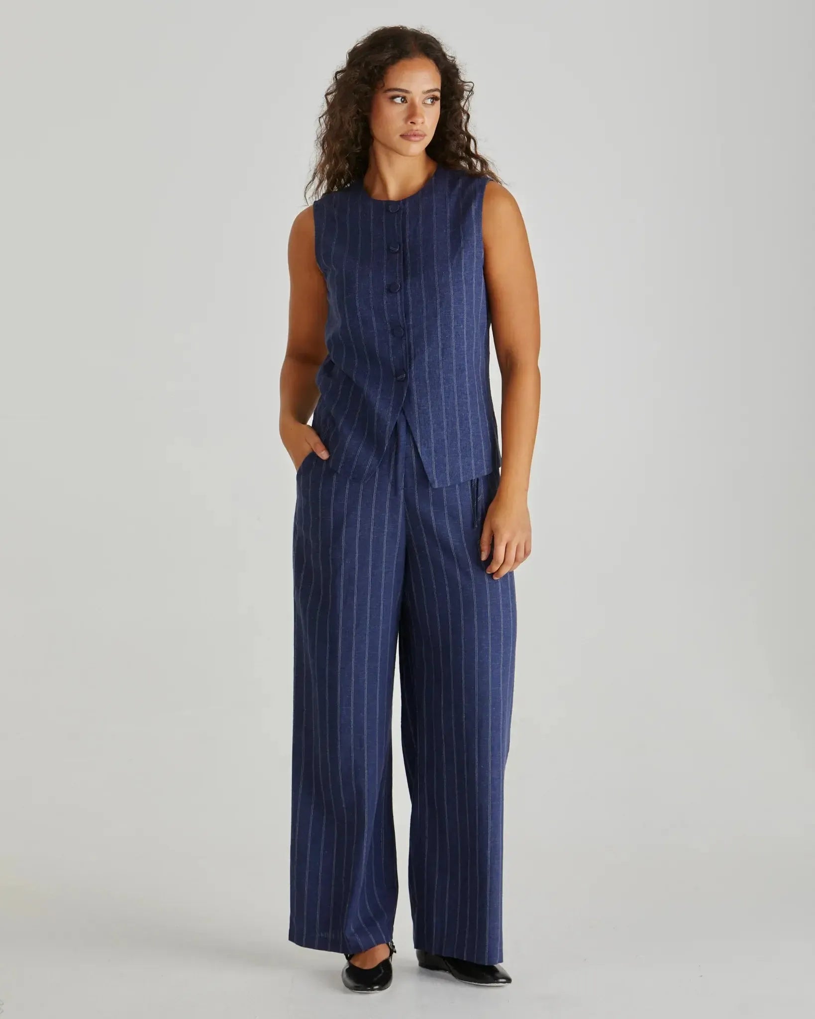 Petra Pant - Navy Pinstripe-Pants-SASS-The Bay Room