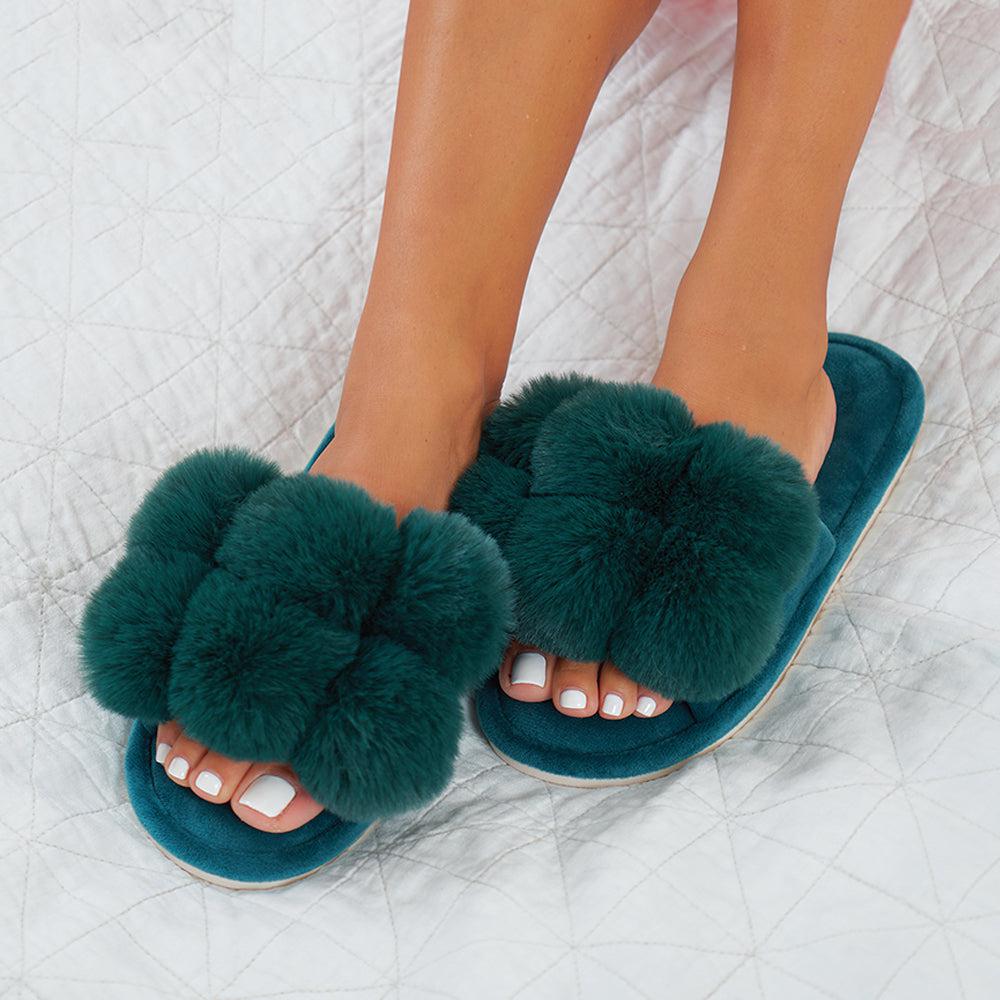 Pom Pom Slippers – Cosy Luxe – Emerald-Sleepwear & Robes-Annabel Trends-The Bay Room