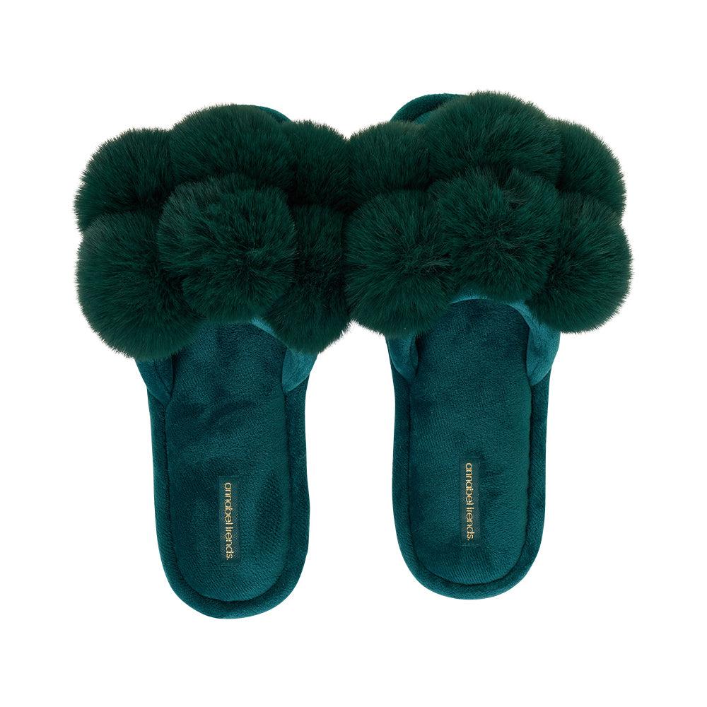 Pom Pom Slippers – Cosy Luxe – Emerald-Sleepwear & Robes-Annabel Trends-The Bay Room