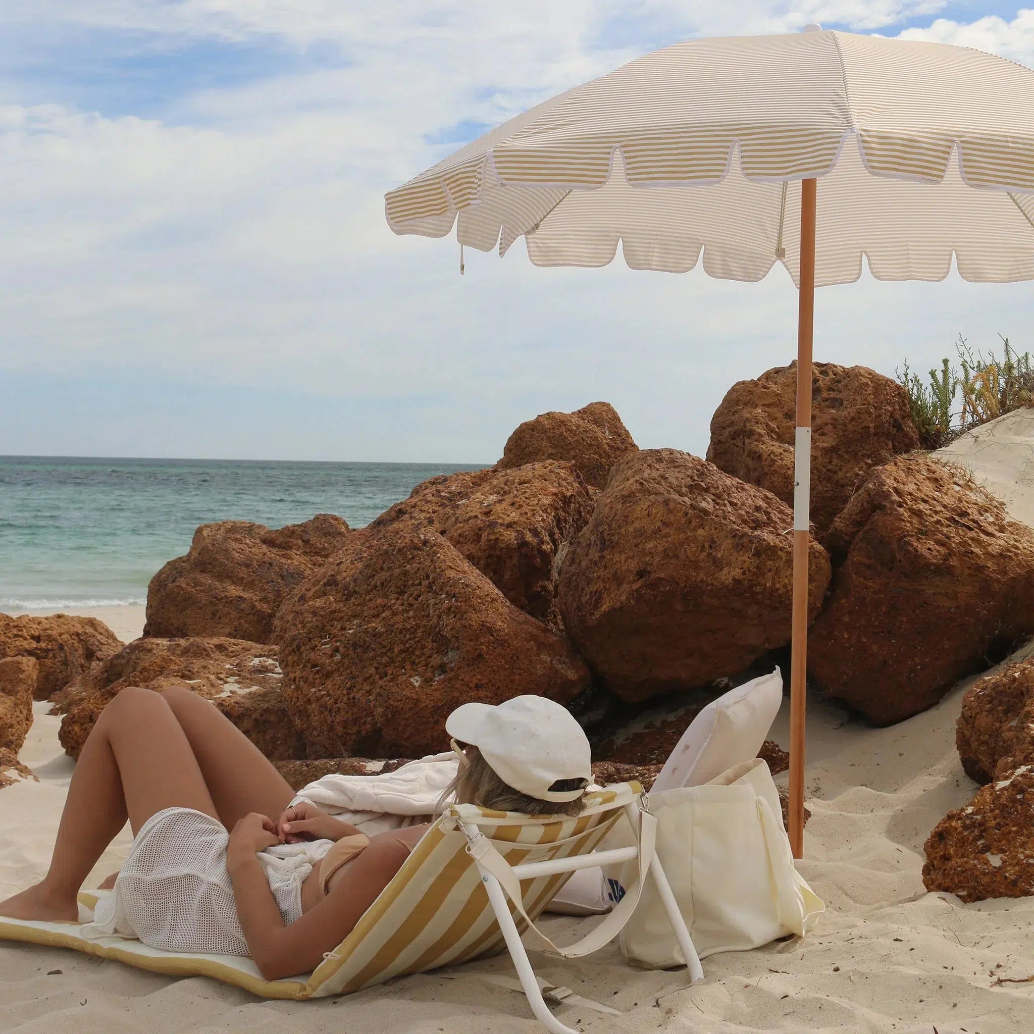 Reclining Beach Chair Mango Bay Golden Mustard Stripe-Travel & Outdoors-Sunny Life-The Bay Room