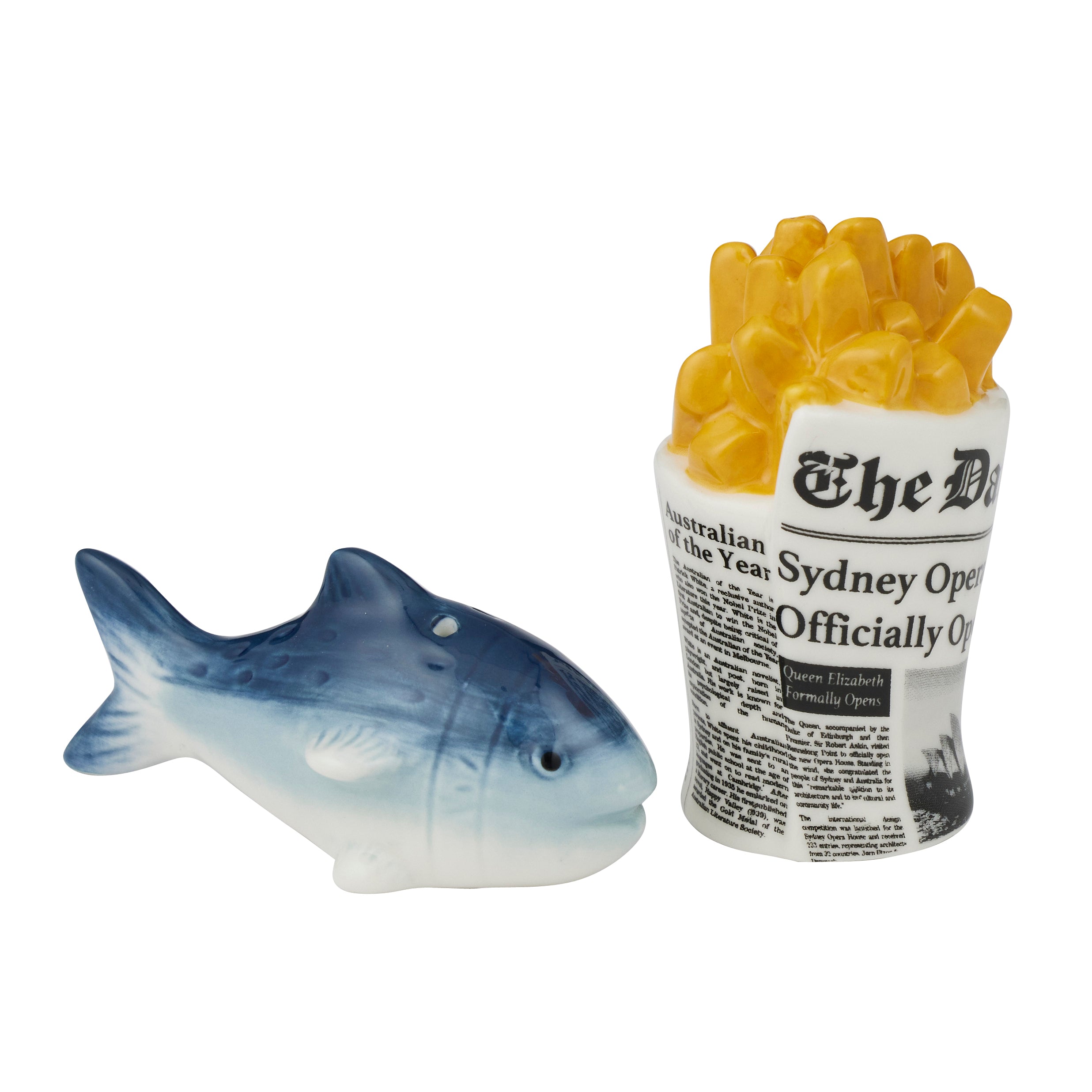 Reggie Fish n Chips 2pc Ceramic S&P Set 6x8.5cm-Dining & Entertaining-Coast To Coast Home-The Bay Room