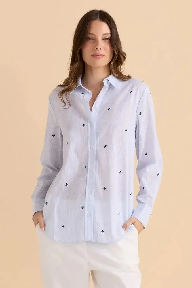 Reid Shirt - Blue Bow Stripe-Tops-Betty Basics-The Bay Room