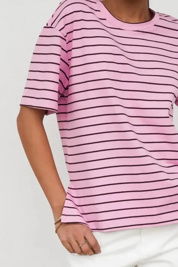 Relax Boxy Tee - Pink/Chocolate Stripe-Tops-Betty Basics-The Bay Room