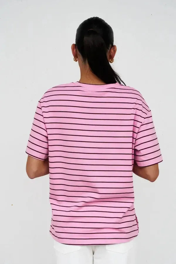 Relax Boxy Tee - Pink/Chocolate Stripe-Tops-Betty Basics-The Bay Room