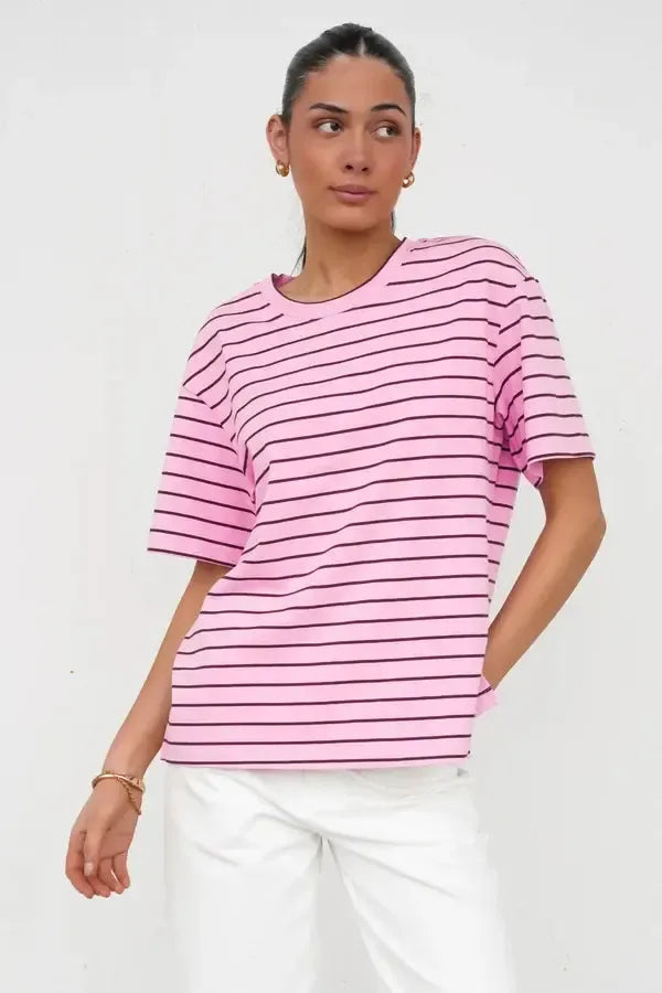 Relax Boxy Tee - Pink/Chocolate Stripe-Tops-Betty Basics-The Bay Room