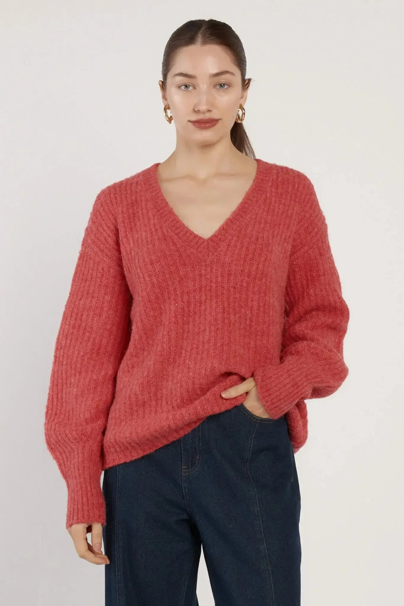 Remy V-Neck Jumper - Red-Knitwear & Jumpers-Fate + Becker-The Bay Room