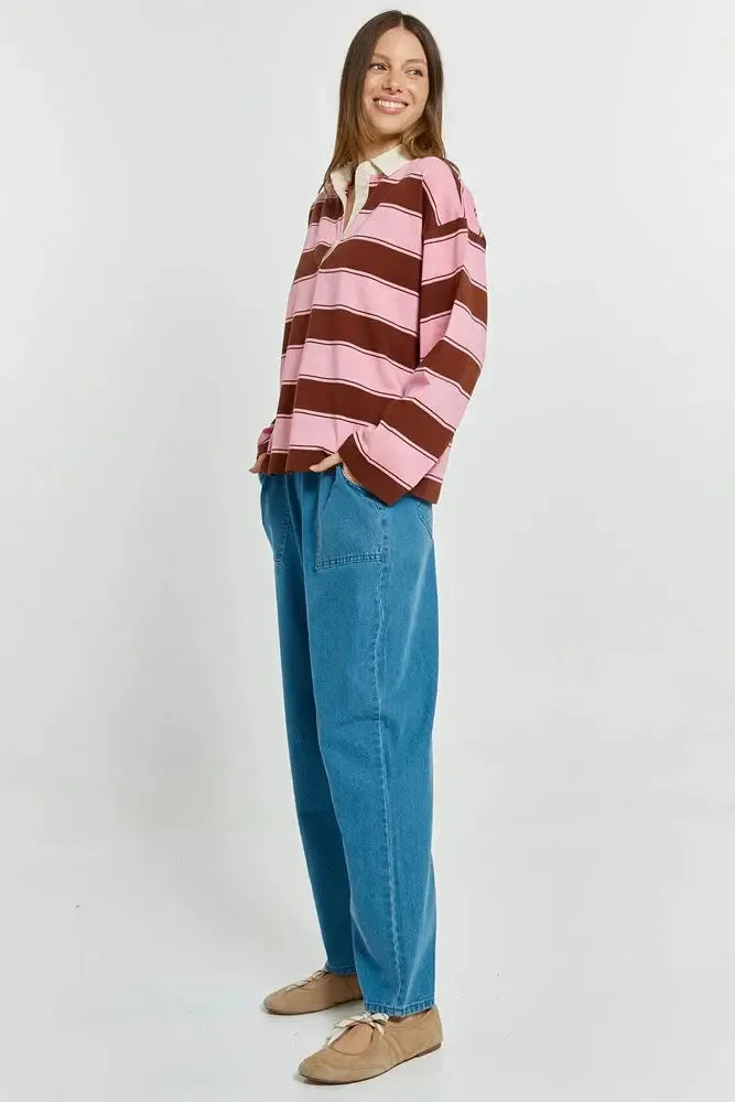 Roland Rugby Top - Pink/Choc-Tops-Betty Basics-The Bay Room