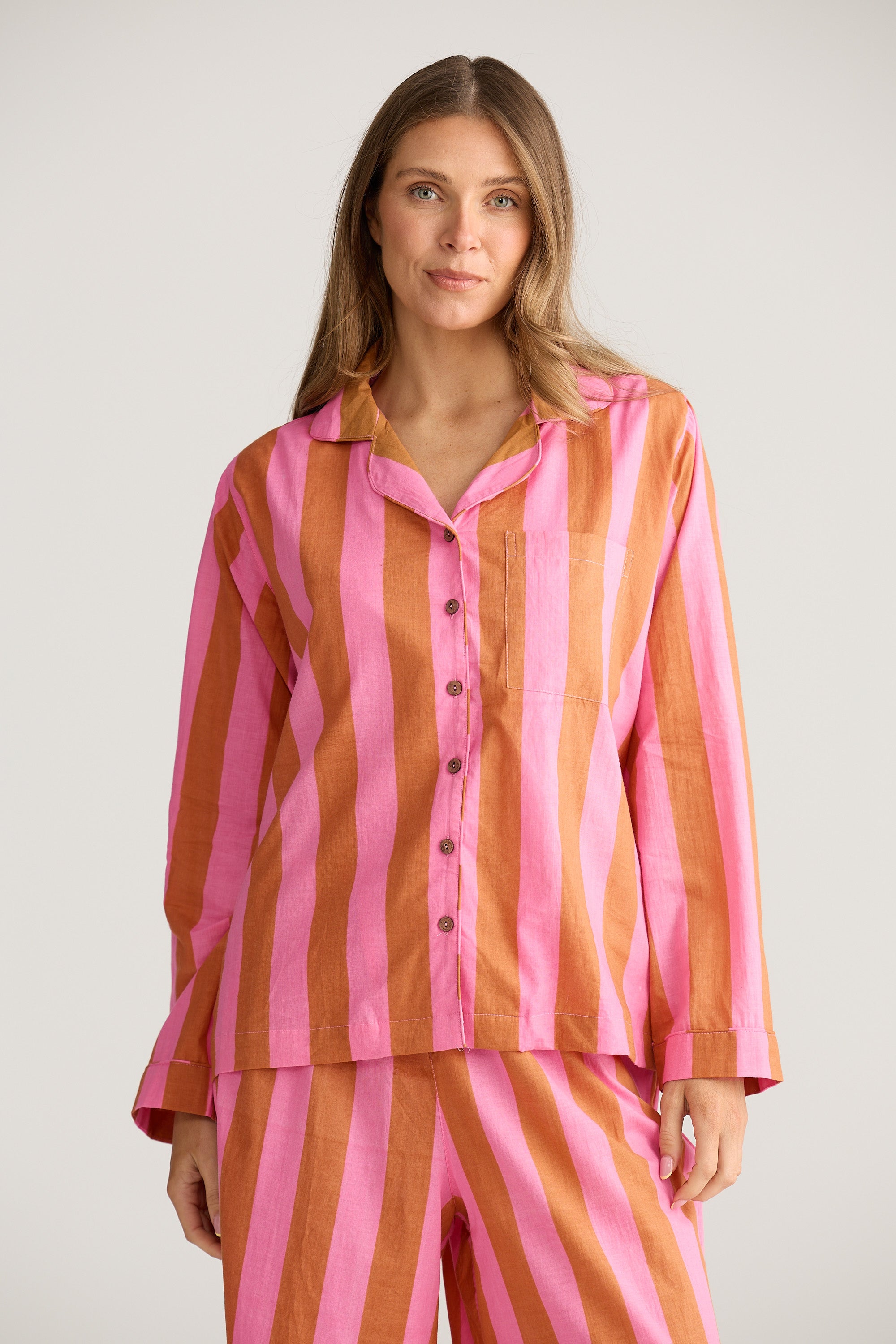 Salutation Pyjama Set - Pink with Bronze Stripe-Sleepwear & Robes-Holiday-The Bay Room