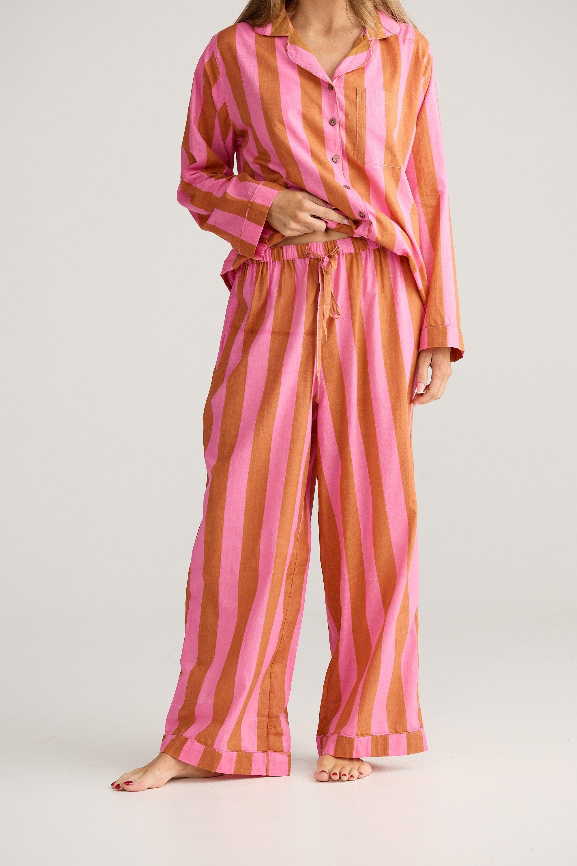 Salutation Pyjama Set - Pink with Bronze Stripe-Sleepwear & Robes-Holiday-The Bay Room