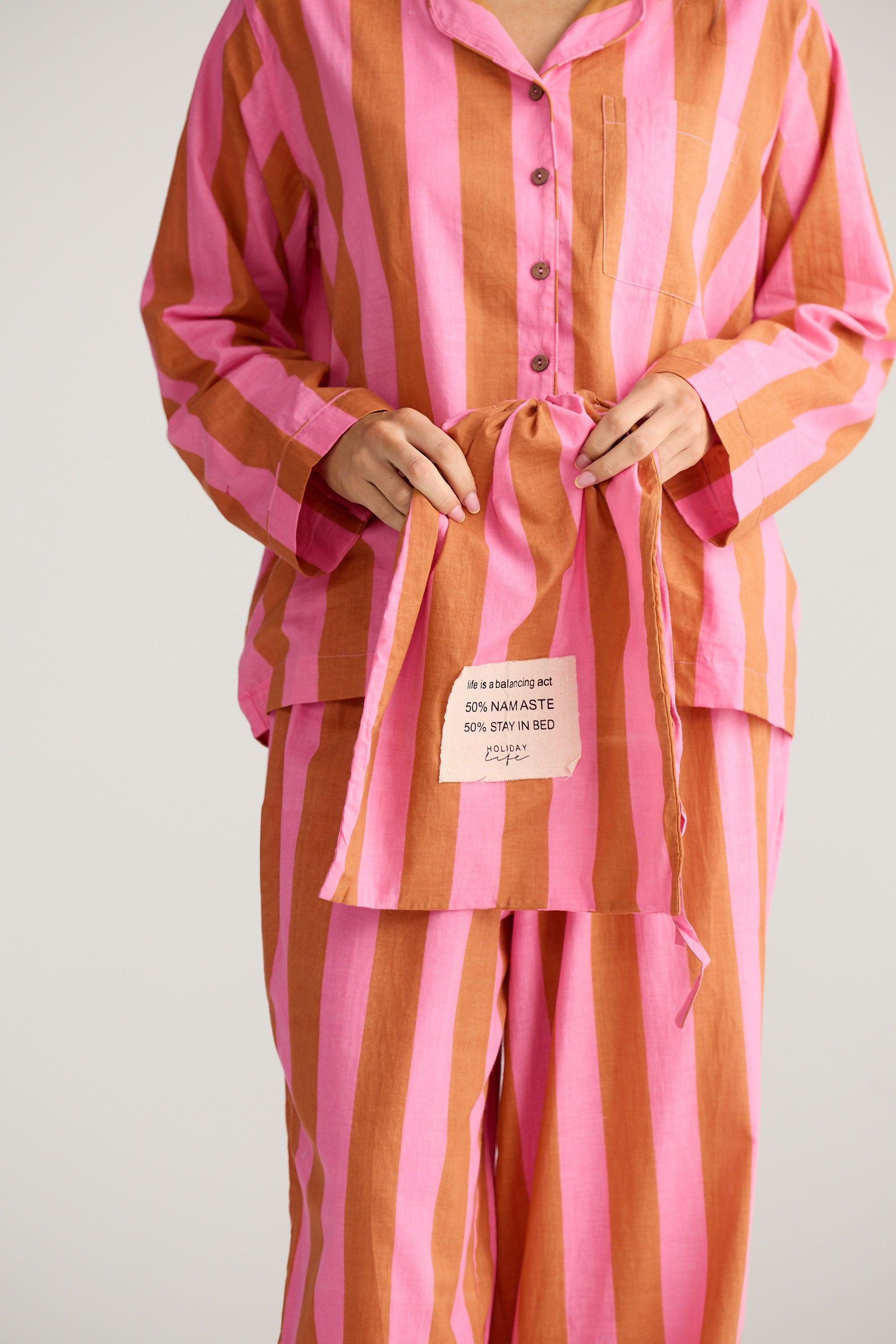Salutation Pyjama Set - Pink with Bronze Stripe-Sleepwear & Robes-Holiday-The Bay Room