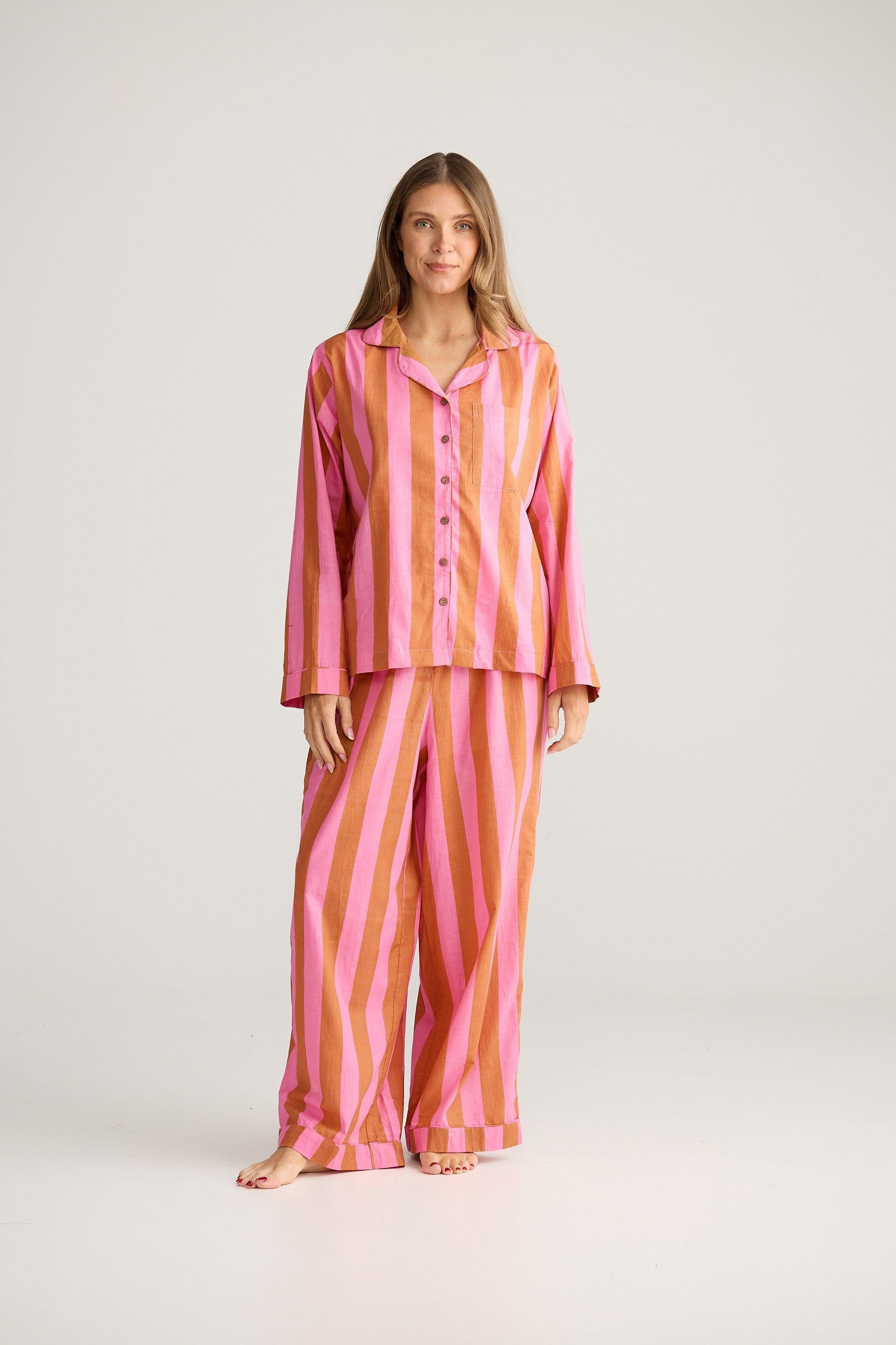 Salutation Pyjama Set - Pink with Bronze Stripe-Sleepwear & Robes-Holiday-The Bay Room
