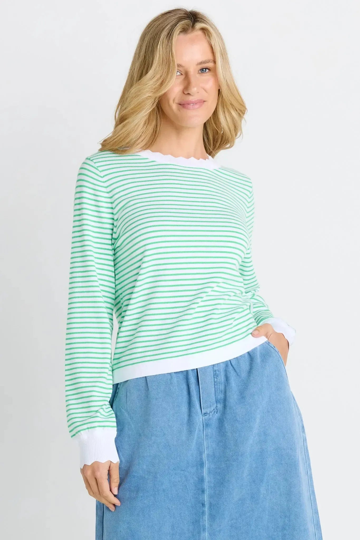 Scallop Knit Sweater - Green Stripe-Knitwear & Jumpers-Betty Basics-The Bay Room